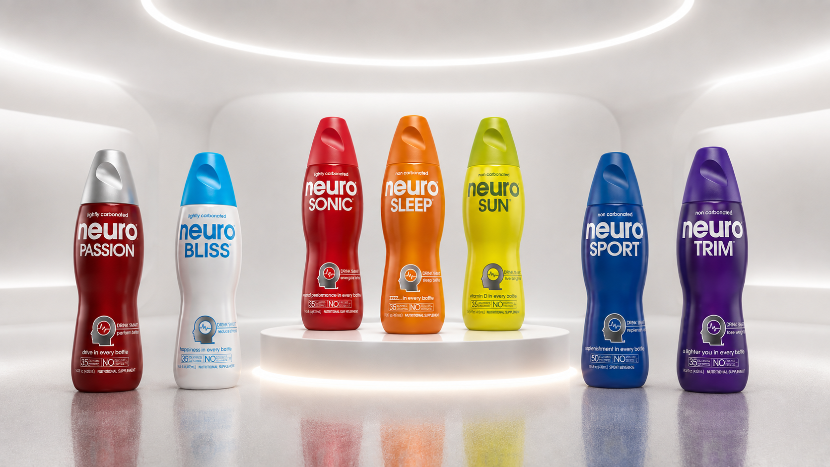 Neuro Drinks beverage packaging design with colorful bottle lineup
